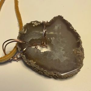 Beautiful Agate, Geode Slice, Taupe Color. Rose Gold Filled Wire. Leather Cord.